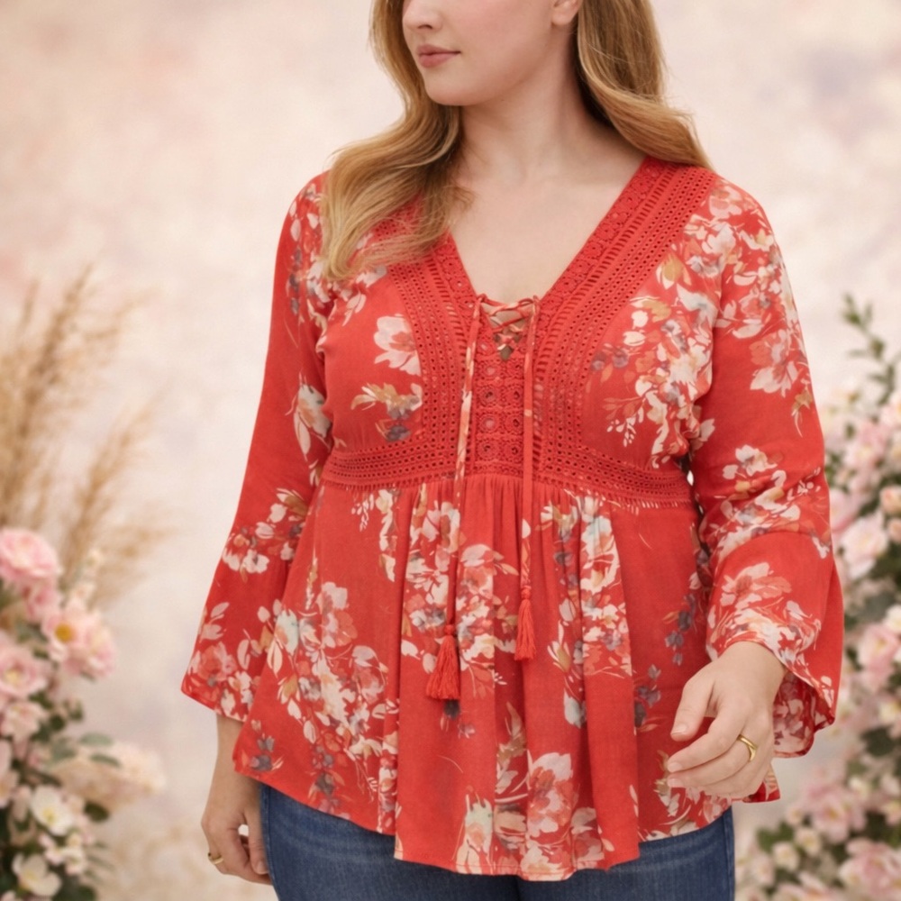TORRID Floral Blouse Top Shirt Plus Size 2 Boho Babydoll Peplum Gauze Flowy